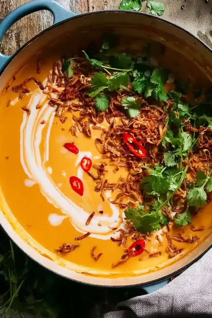 Thai Coconut Pumpkin Soup – Easy, Creamy, Amazing Comfort 10 Thai coconut pumpkin soup with chili, fried shallots, and cilantro garnish