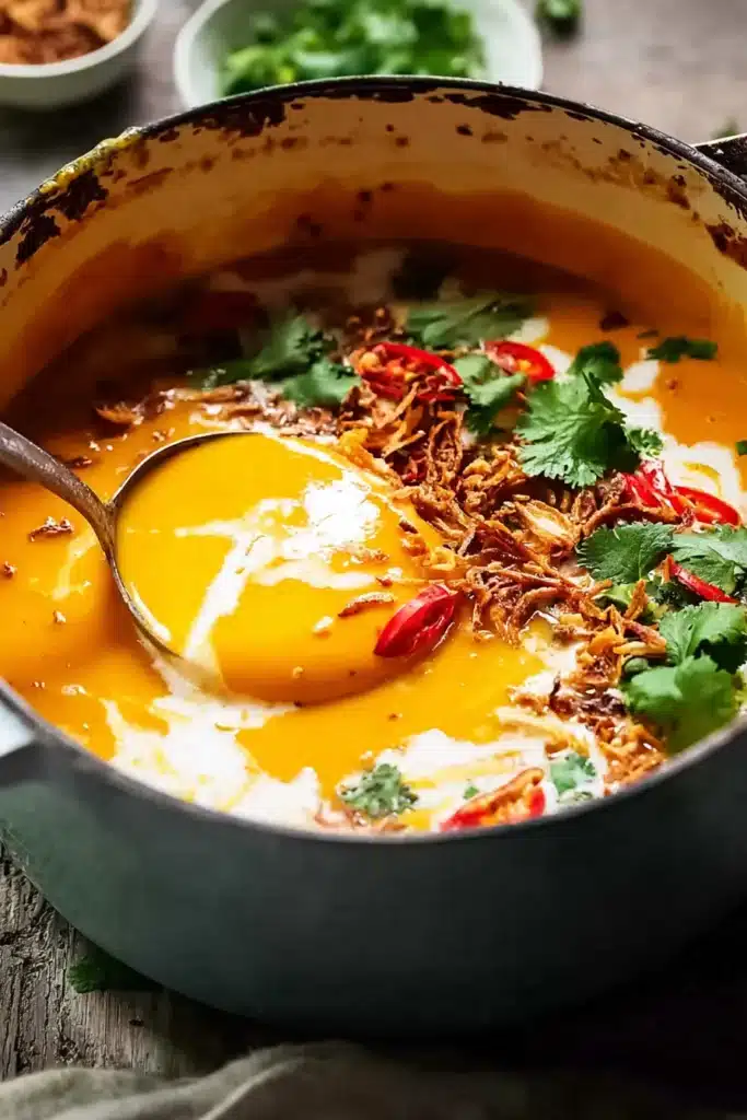 Thai Coconut Pumpkin Soup – Easy, Creamy, Amazing Comfort 9 Thai coconut pumpkin soup in pot with coconut milk, herbs, and chili