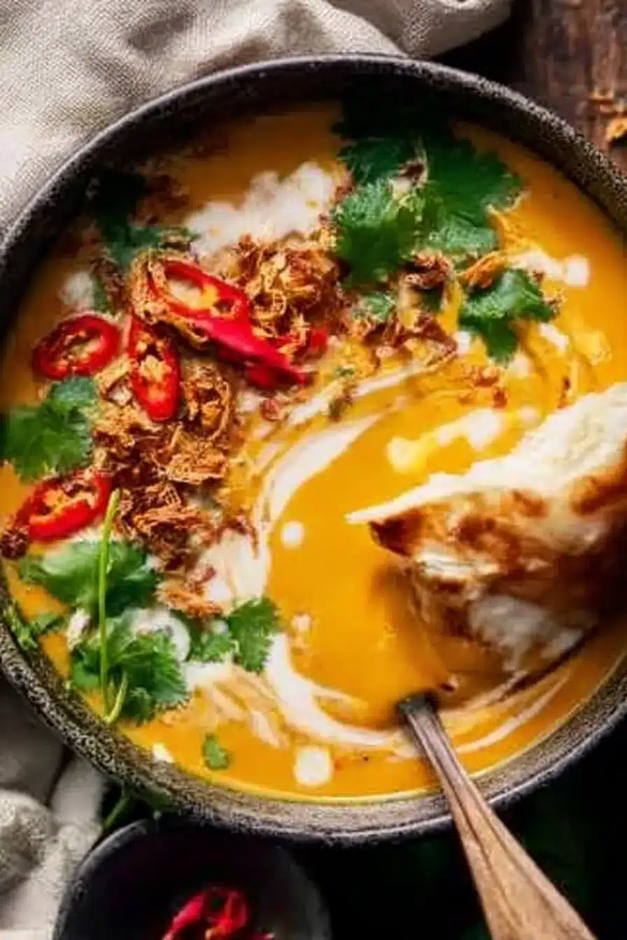 Thai coconut pumpkin soup with coconut milk, chili, herbs, and crispy roti