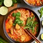 Thai red curry noodle soup with chicken, noodles, cilantro, and lime in a rustic bowl
