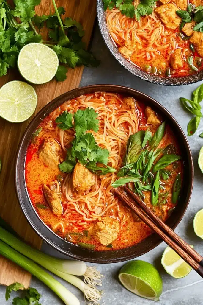 Thai red curry noodle soup with chicken, noodles, cilantro, and lime in a rustic bowl