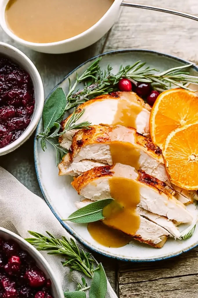 Roast Turkey Breast Recipe | Juicy & Easy Holiday Favorite 7 Sliced roast turkey breast with gravy and fresh orange slices on a plate