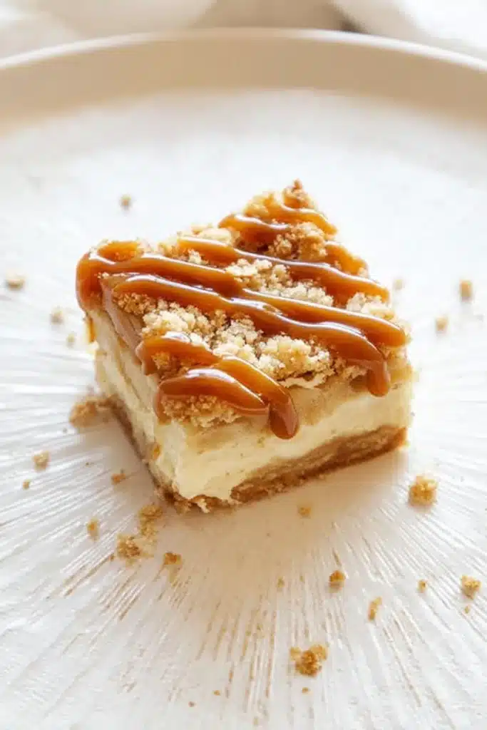 The Best Caramel Apple Cheesecake Bars 9 The best Caramel Apple Cheesecake Bars on a plate with caramel drizzle and crumbs