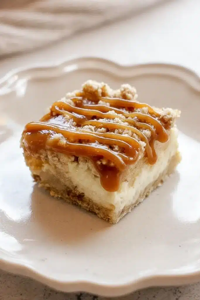 The best Caramel Apple Cheesecake Bars with caramel and streusel topping