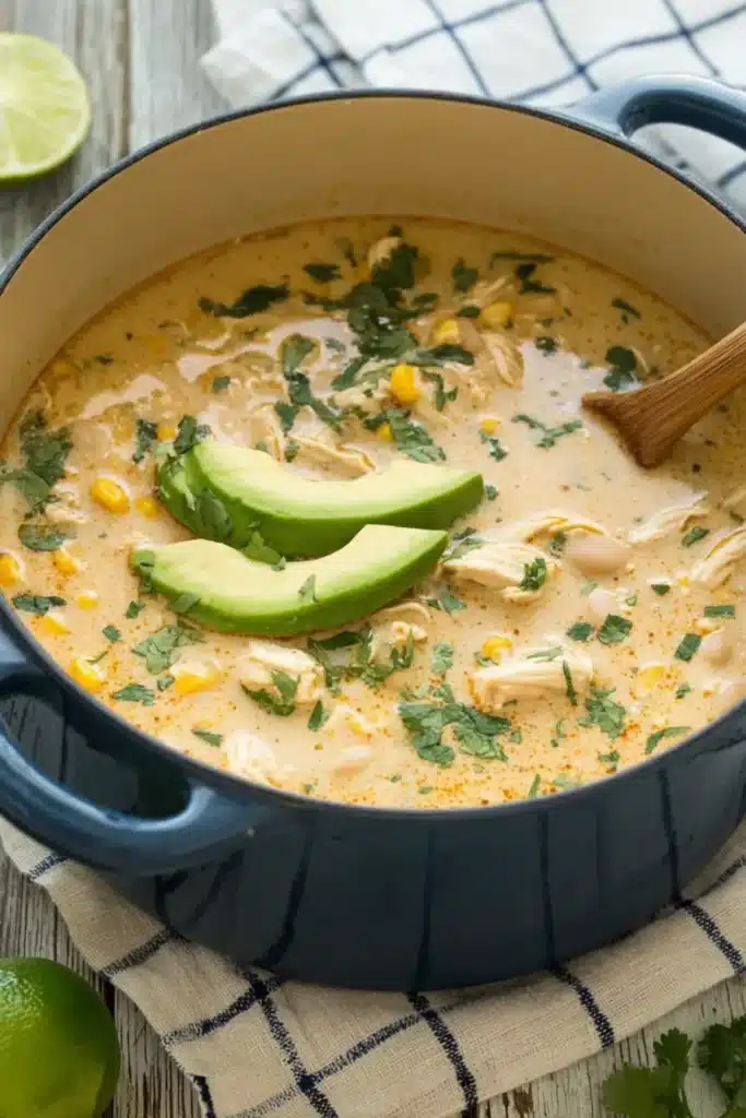 The Best White Chicken Chili | Comforting & Creamy Recipe 13 The Best White Chicken Chili in a Dutch oven with avocado and cilantro
