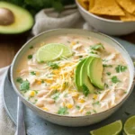 The Best White Chicken Chili | Comforting & Creamy Recipe 14 The Best White Chicken Chili in a bowl with avocado and tortilla chips
