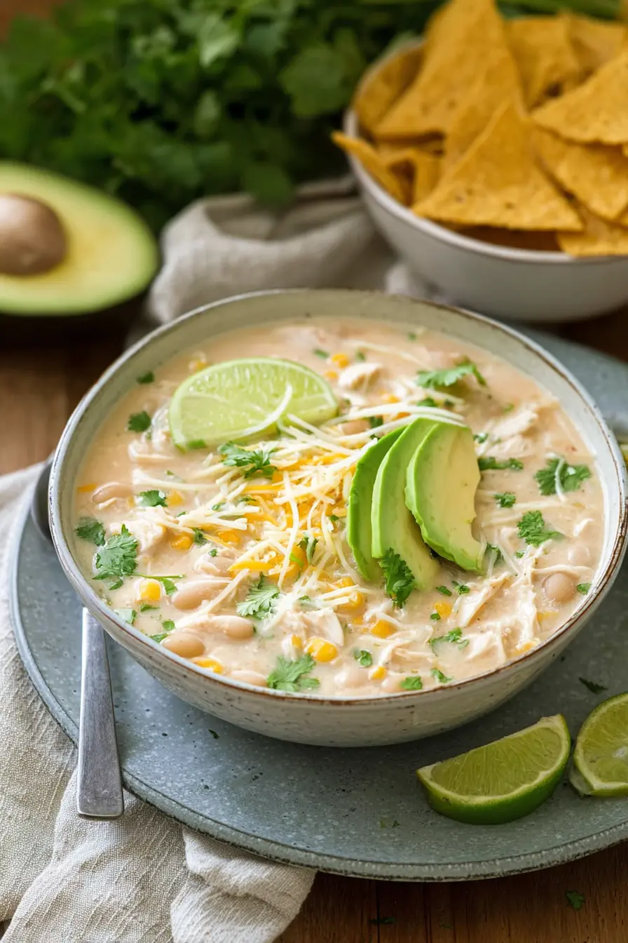 The Best White Chicken Chili in a bowl with avocado and tortilla chips