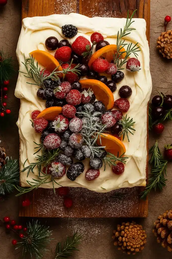 Easy Christmas cheesecake slab top-down view with berries, oranges, and rosemary on rustic wood board