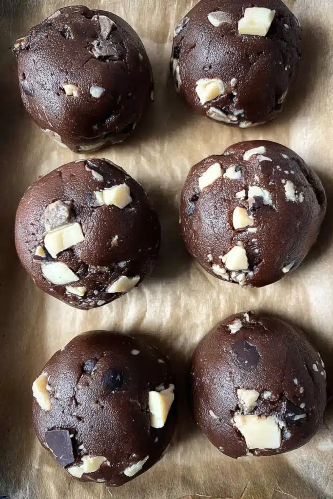 Chocolate Caramel Cookies dough balls with white and dark chocolate chunks
