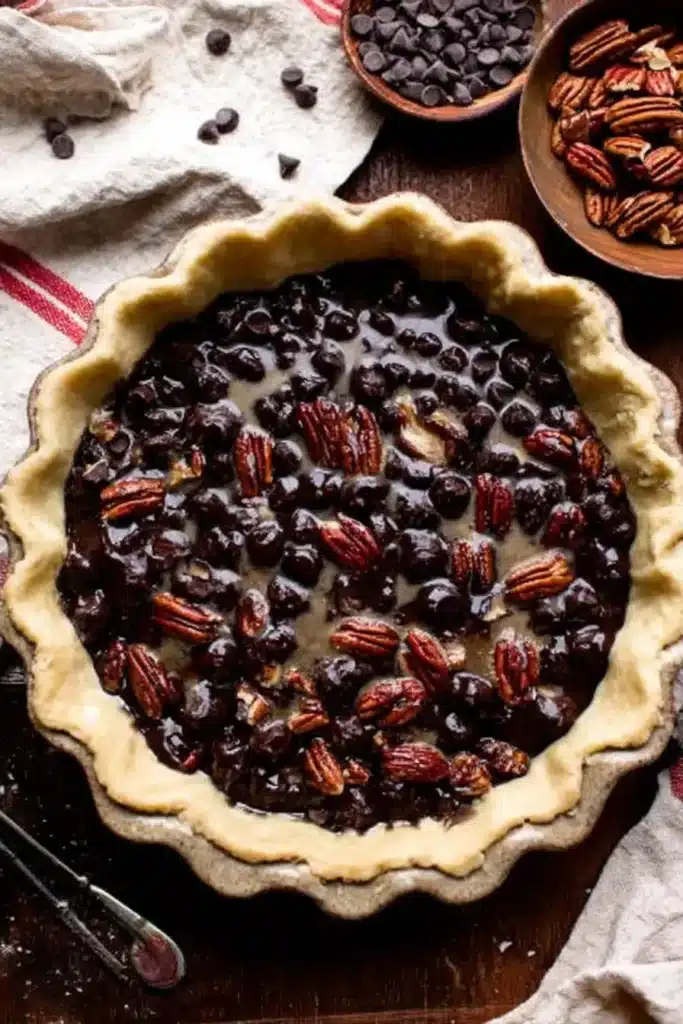Unbaked dark chocolate pecan pie with raw crust, pecans, and chocolate chips
