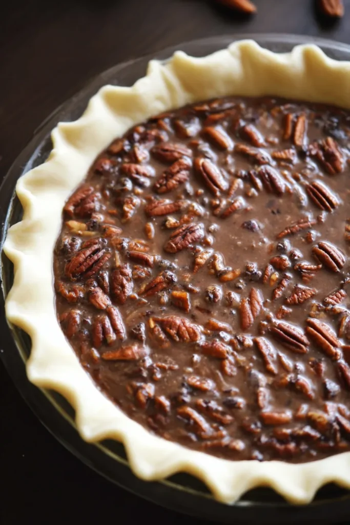 Fudgy Pecan Pie – Irresistibly Rich & Easy 11 Unbaked fudgy pecan pie with chocolate filling in pie crust
