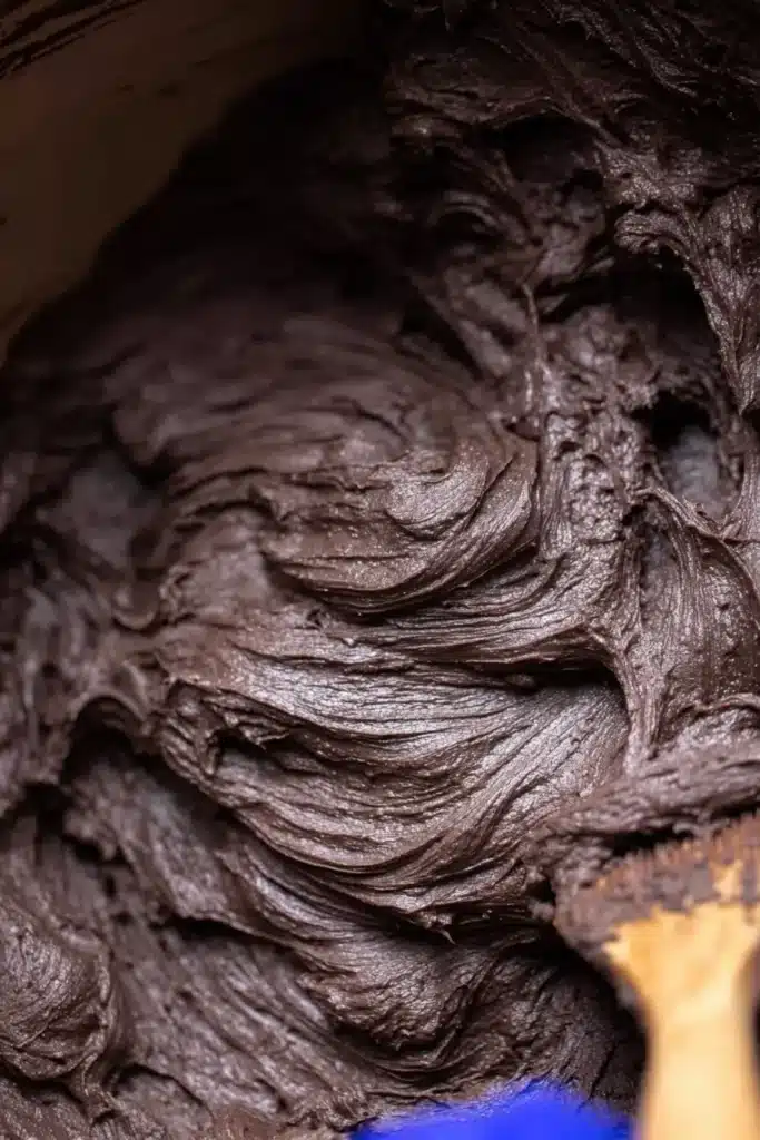 Halloween Chocolate Cake Recipe – Spooky & Delicious Treat 16 Black cocoa buttercream frosting being mixed with a spatula
