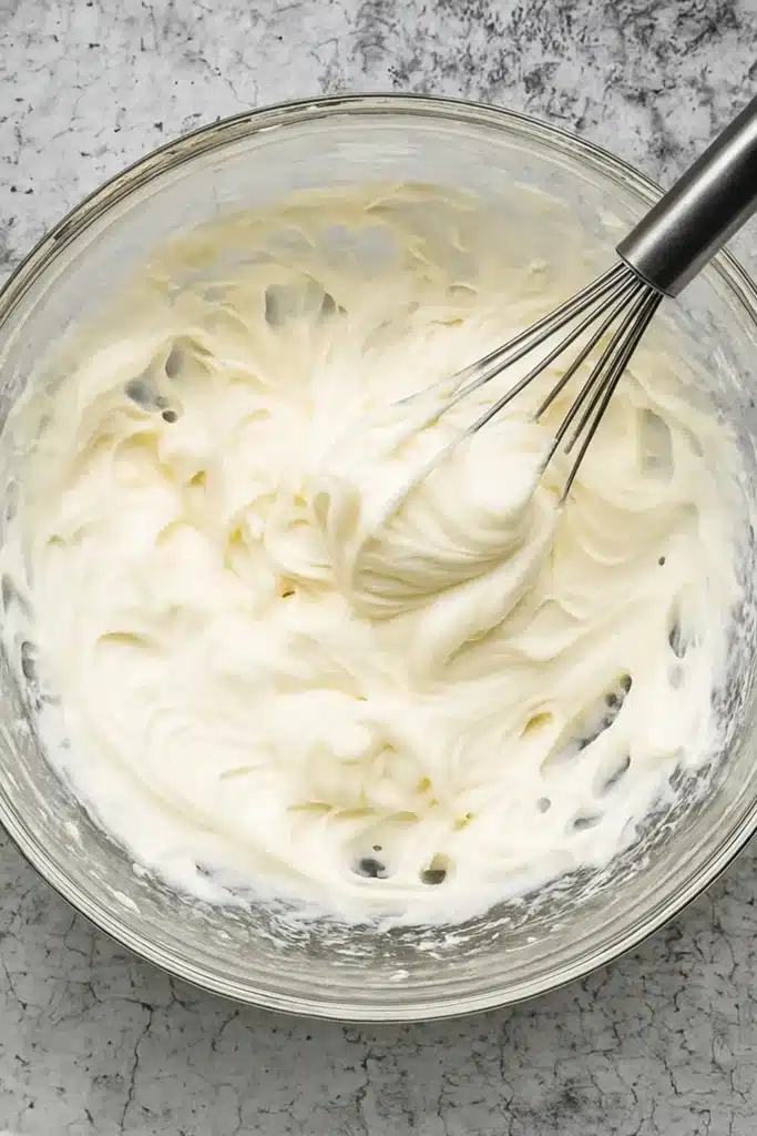 Cream cheese filling in a glass bowl for fall pumpkin spice roll cake
