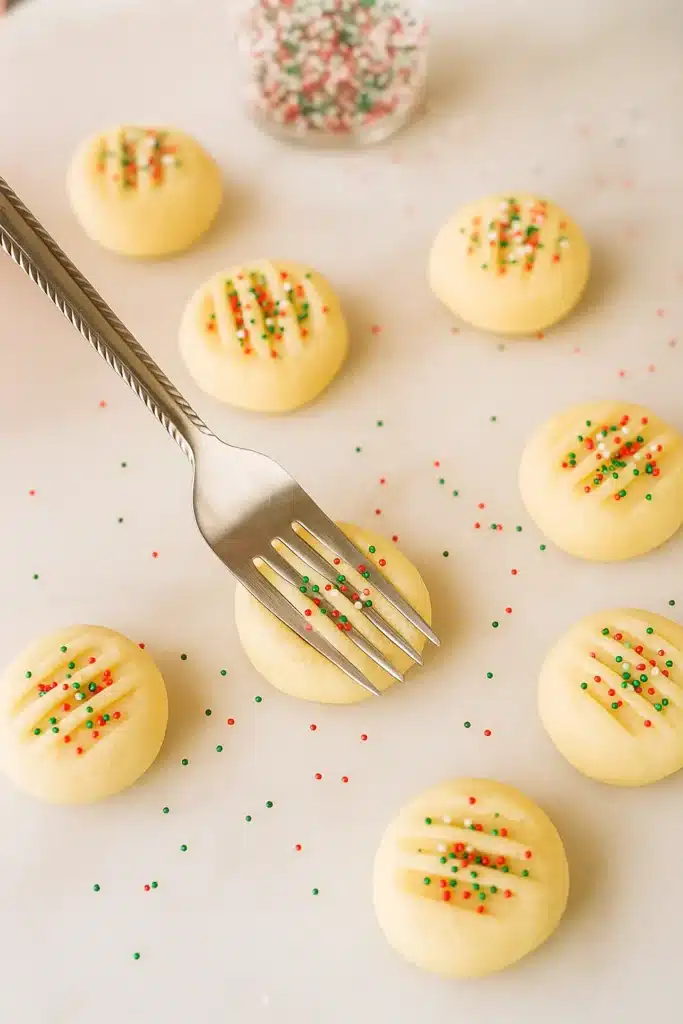 Whipped shortbread cookie dough balls being pressed with a fork and topped with red and green sprinkles