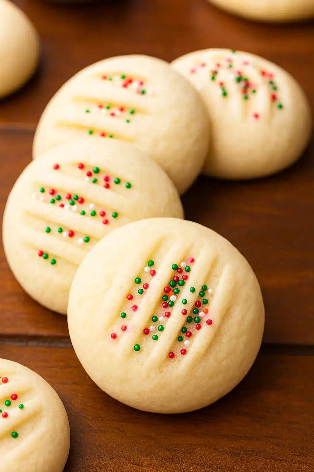 Whipped shortbread cookies with sprinkles and fork marks on a cookie tray