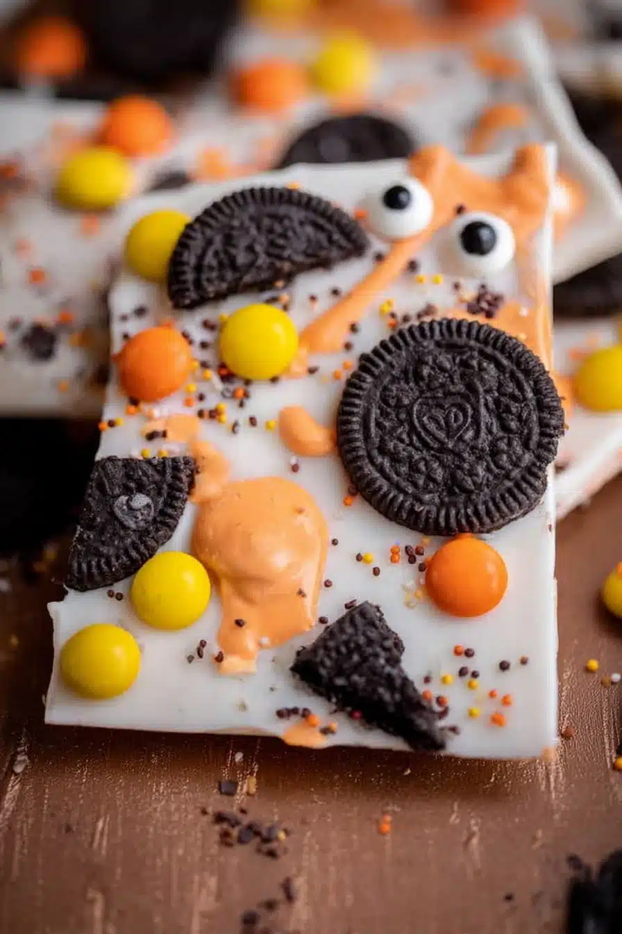 Easy White Chocolate Halloween Oreo Bark with candy eyes, cookies, and festive sprinkles