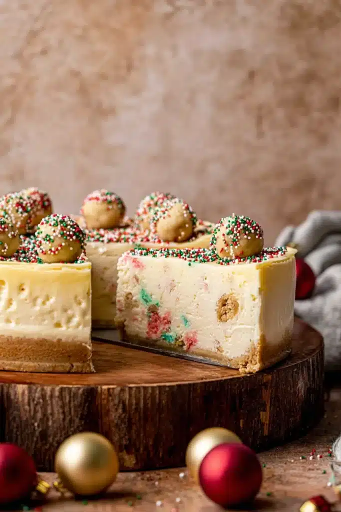 Whole sugar cookie cheesecake with slice removed and festive sprinkles on top