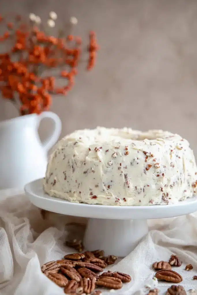 Keto Butter Pecan Pound Cake – Moist, Nutty & Delicious 8 Whole keto butter pecan pound cake on cake stand with frosting