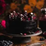 Spooky Black Velvet Halloween Cake topped with chocolate skulls and blackberries