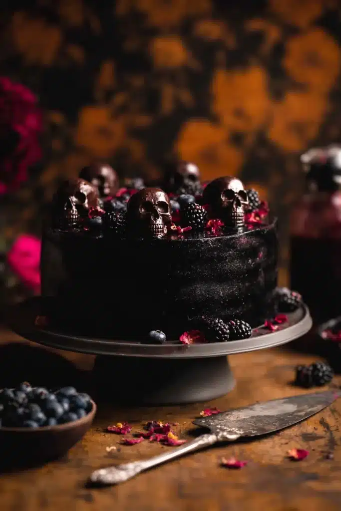 Spooky Black Velvet Halloween Cake topped with chocolate skulls and blackberries