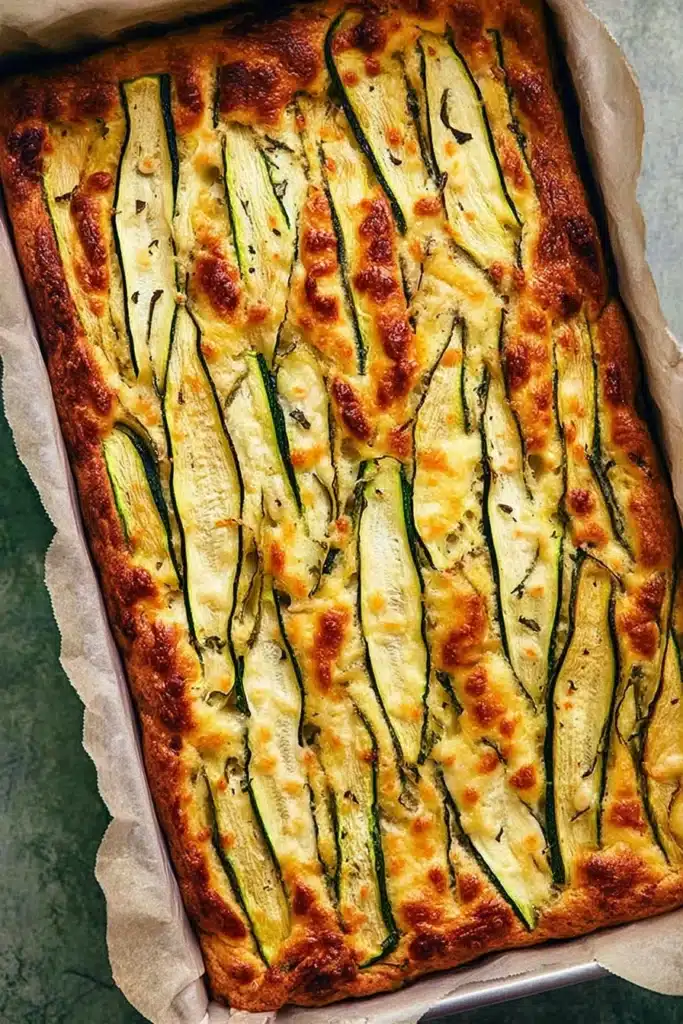 Freshly baked zucchini cheese muffin slab topped with roasted zucchini in a pan