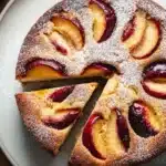 Moist yogurt plum cake with sliced plums and powdered sugar on a ceramic plate
