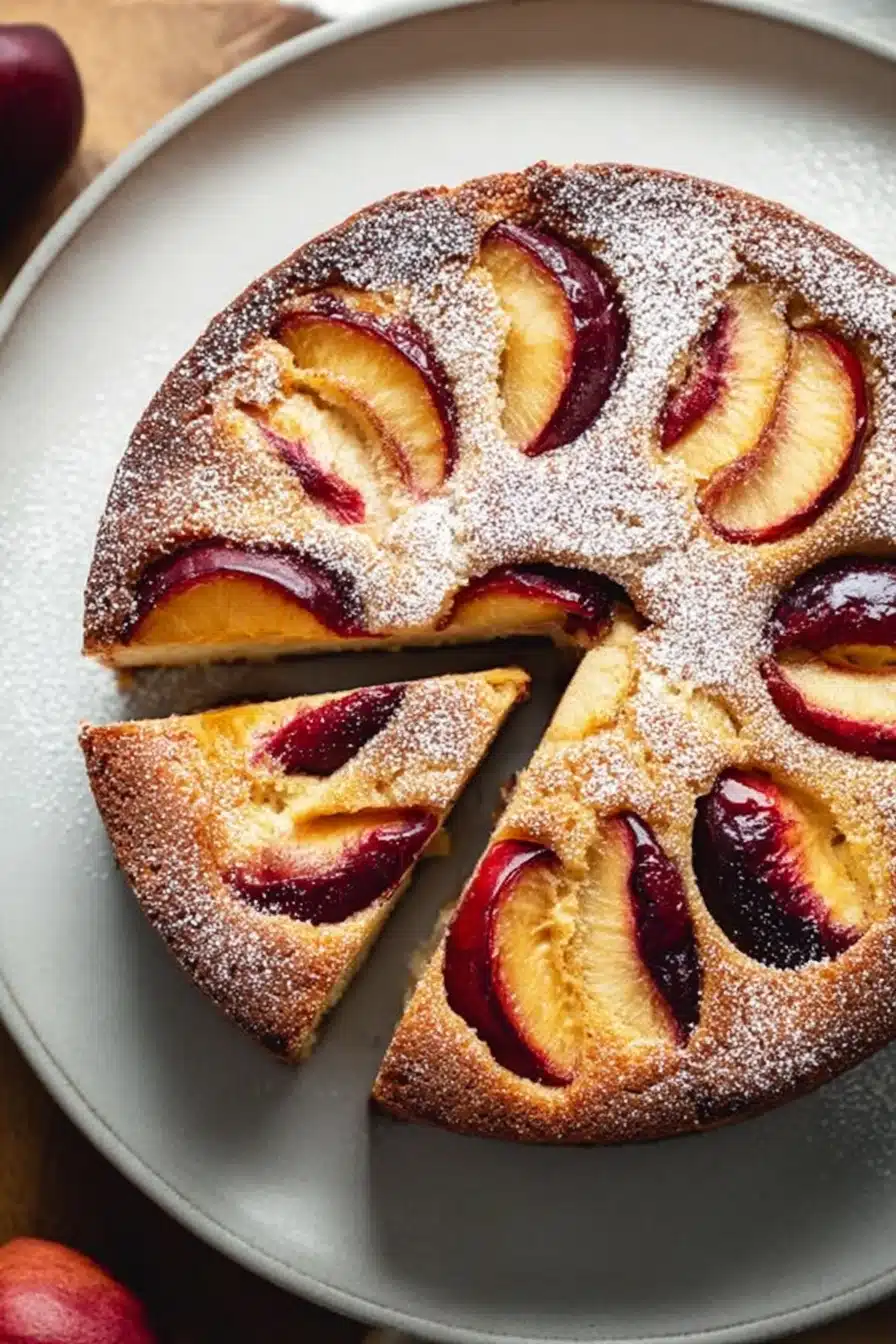 Moist yogurt plum cake with sliced plums and powdered sugar on a ceramic plate
