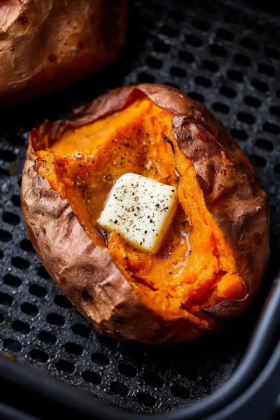 Air fryer baked sweet potato with butter and pepper on top