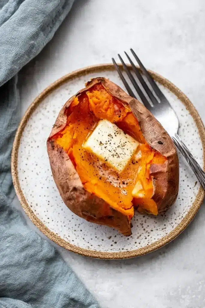 Cooked air fryer sweet potato split open with butter and pepper