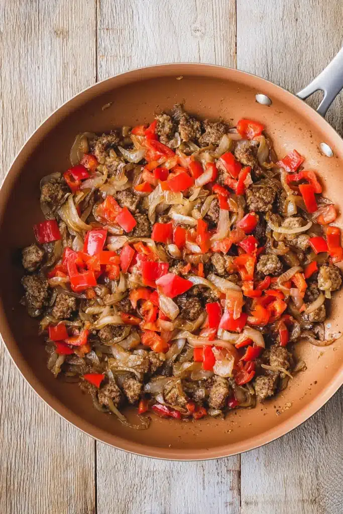 Breakfast sausage, peppers, and onions cooking for sweet potato hash