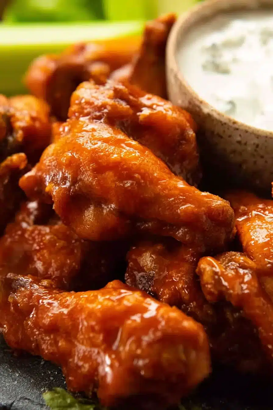 Crispy baked buffalo wings coated in spicy sauce with blue cheese dip and celery
