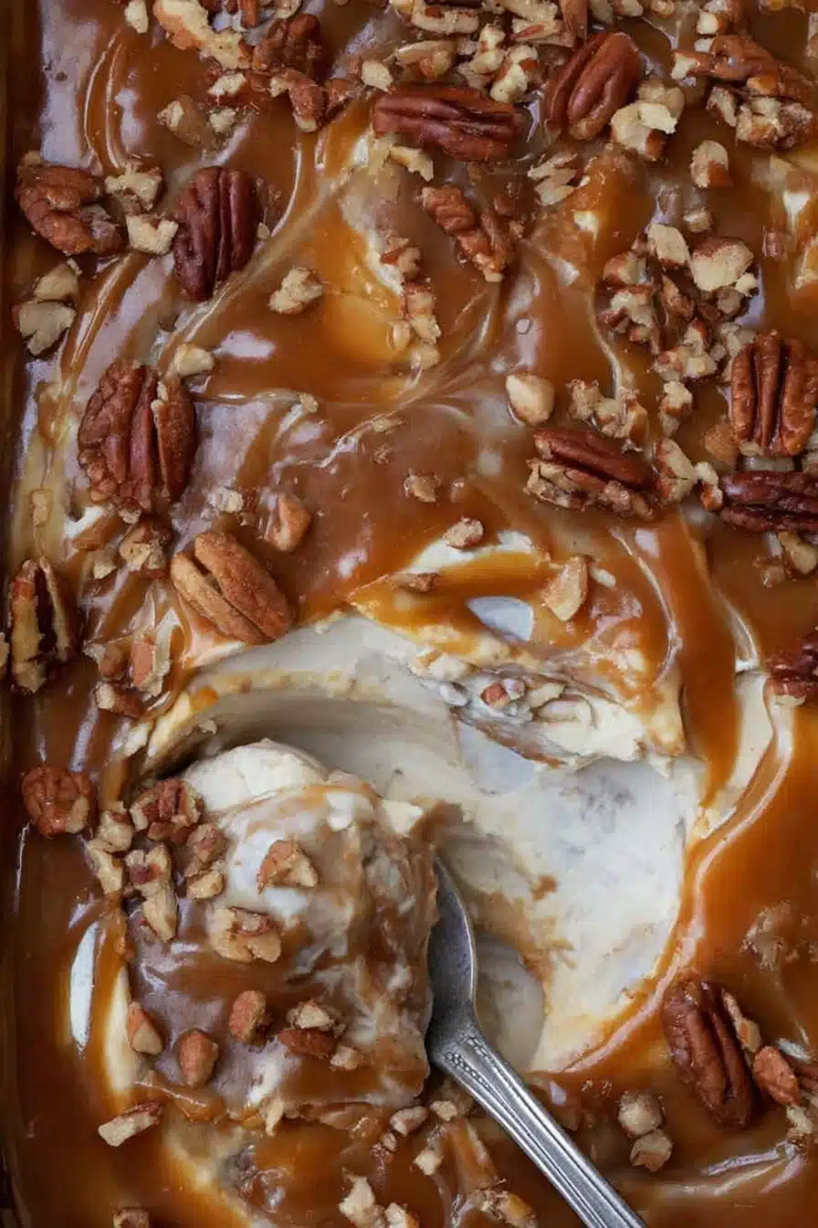 easy caramel apple cheesecake dip with pecans and caramel swirls