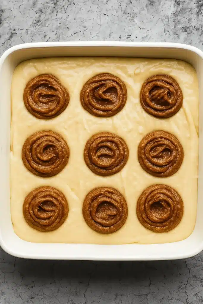 Cinnamon Roll Cake batter with cinnamon sugar dollops in square baking dish