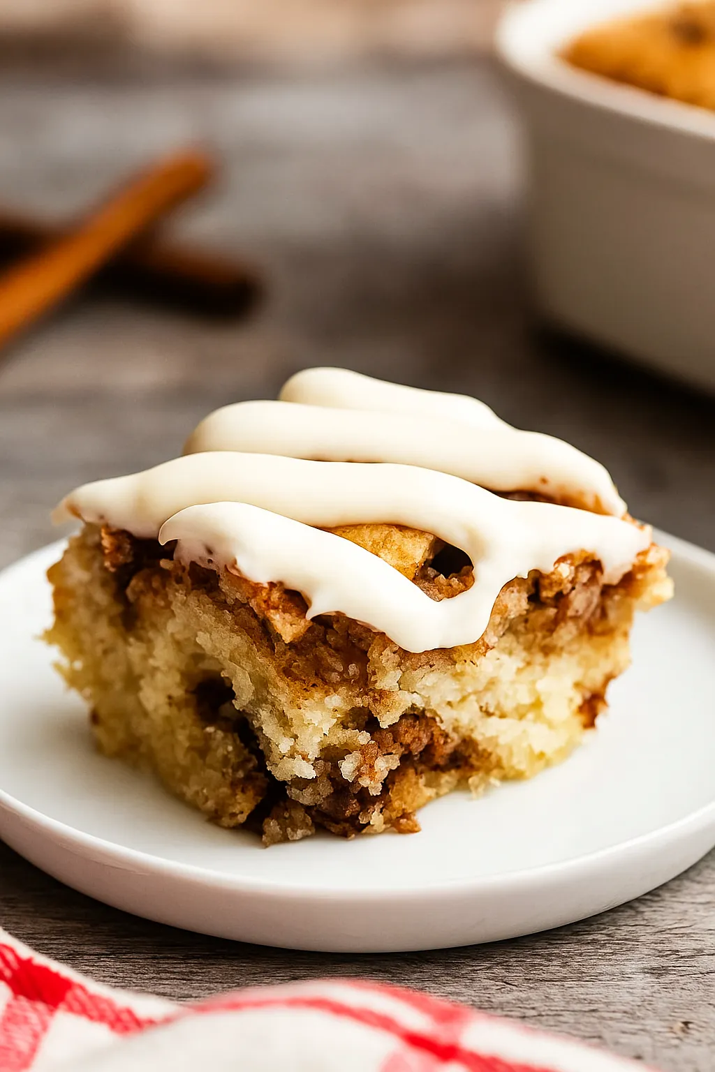 Cinnamon Roll Cake with Cream Cheese Frosting slice on white plate