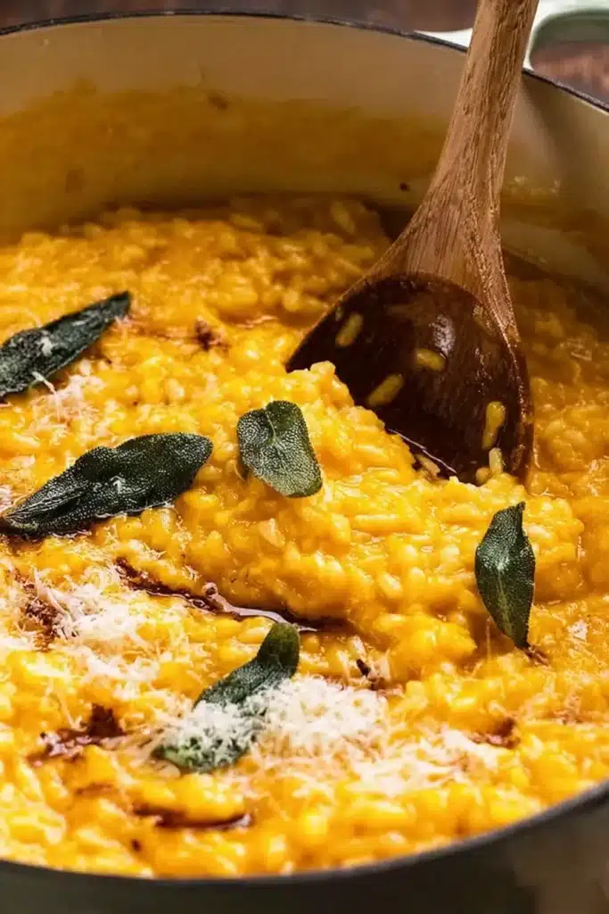 Creamy baked pumpkin risotto being stirred with wooden spoon in a pot