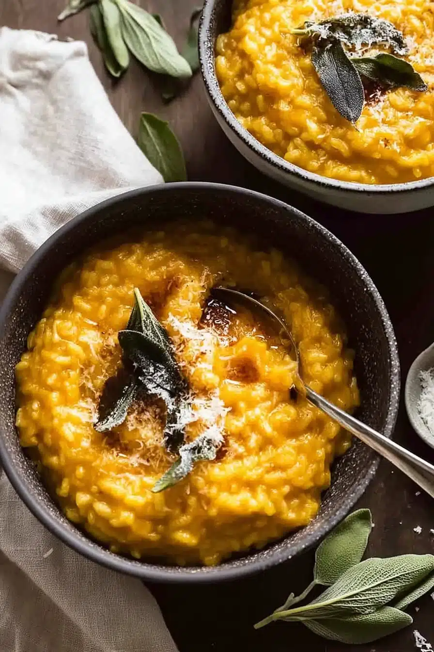 Creamy baked pumpkin risotto topped with crispy sage in a rustic bowl