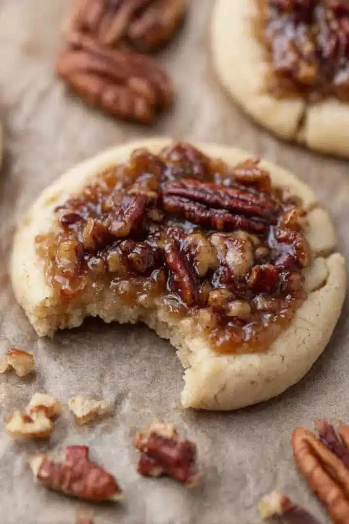Bite taken from Crumbl Pecan Pie Cookie with gooey pecan filling