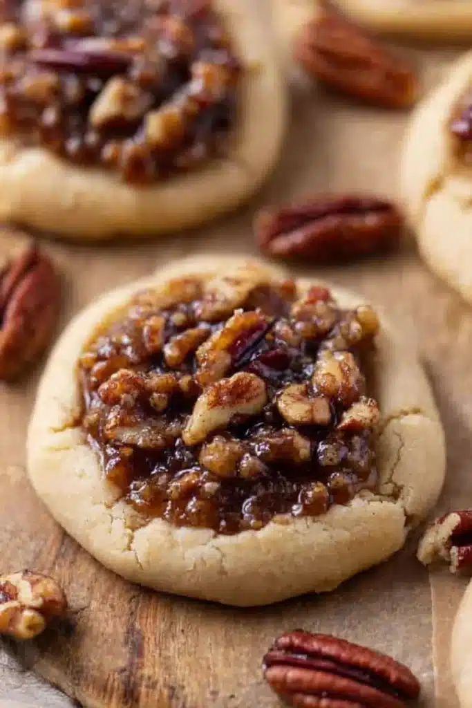 Close-up of Crumbl Pecan Pie Cookies with glossy pecan topping