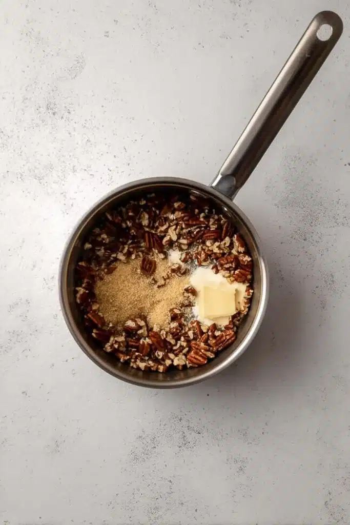 Brown sugar, butter, and pecans in saucepan for Crumbl Pecan Pie Cookies