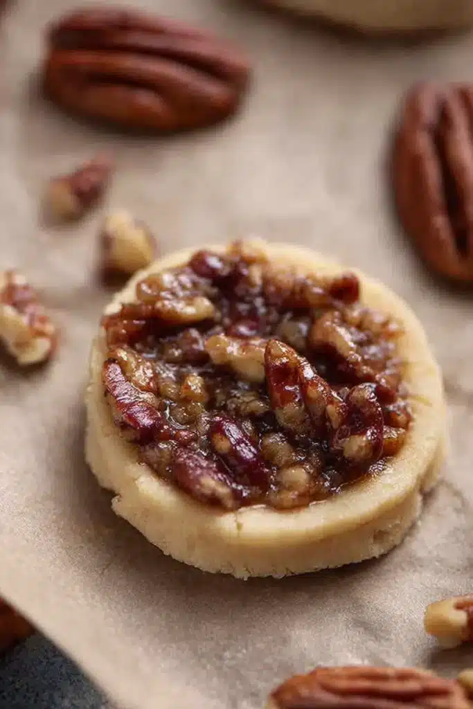 Crumbl Pecan Pie Cookie with glossy pecan topping on parchment paper