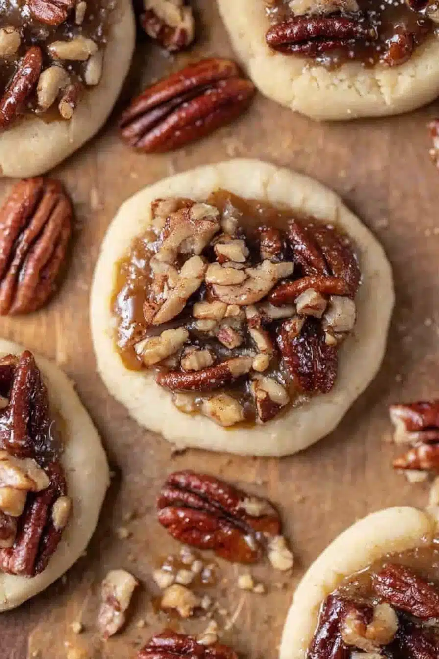 Crumbl pecan pie cookies with glossy pecan filling on a rustic surface