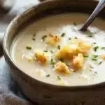 Creamy leek and potato soup with croutons and chives in a rustic bowl
