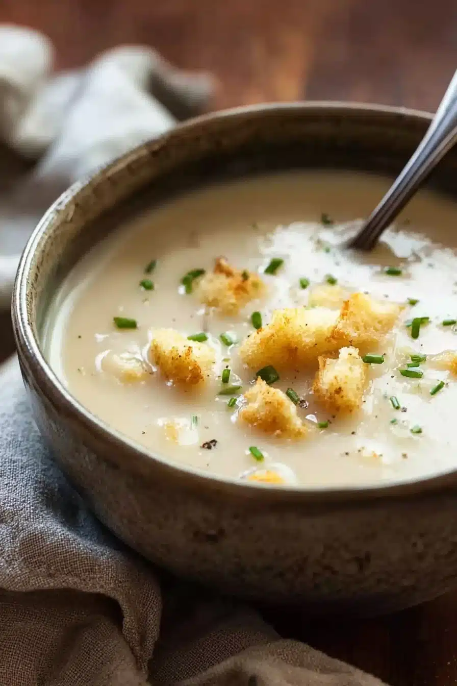Creamy leek and potato soup with croutons and chives in a rustic bowl
