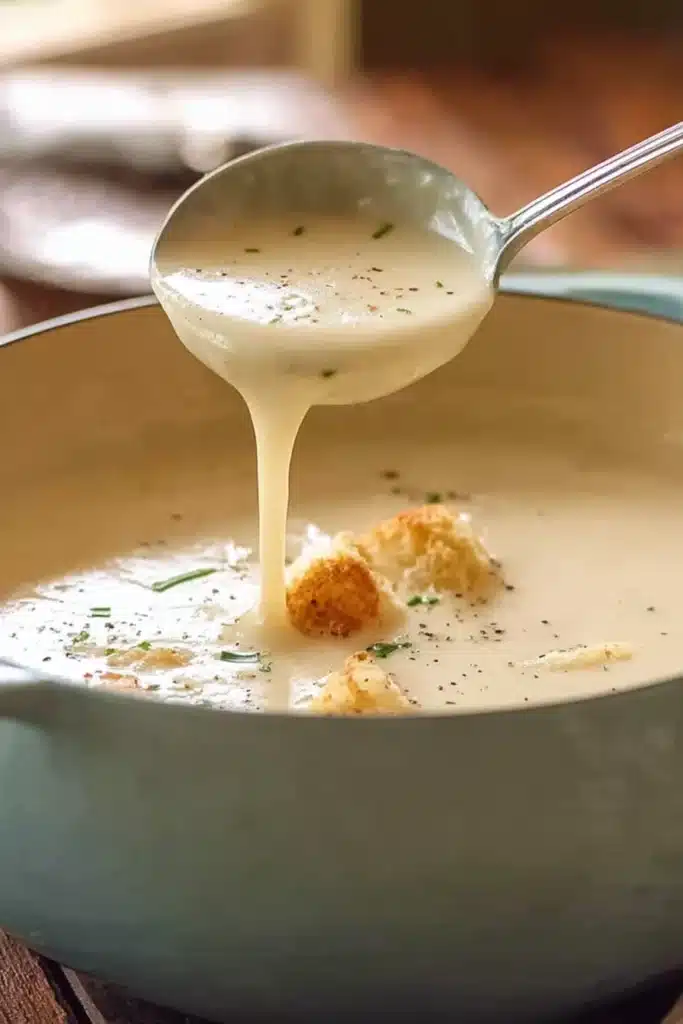 Ladle lifting creamy leek and potato soup with croutons from pot