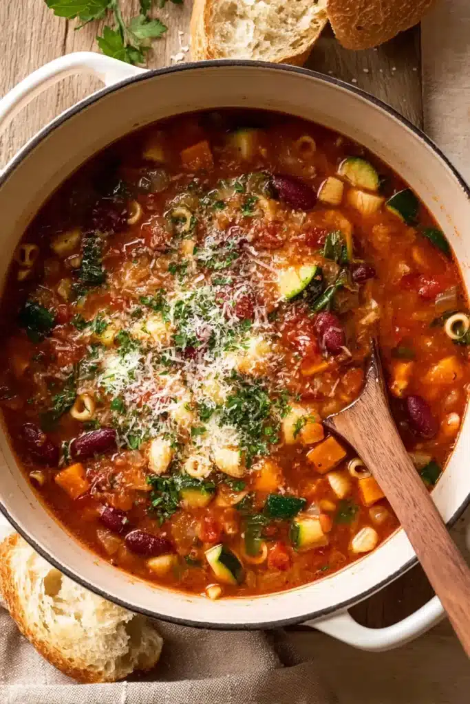 Minestrone Soup Recipe | Hearty, Easy & Comforting 9 Top view of minestrone soup in a Dutch oven with pasta, beans, and parmesan