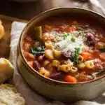 Minestrone Soup Recipe | Hearty, Easy & Comforting 13 Bowl of minestrone soup with vegetables, pasta, parmesan, and bread