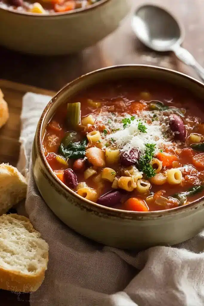Minestrone Soup Recipe | Hearty, Easy & Comforting 12 Bowl of minestrone soup with vegetables, pasta, parmesan, and bread