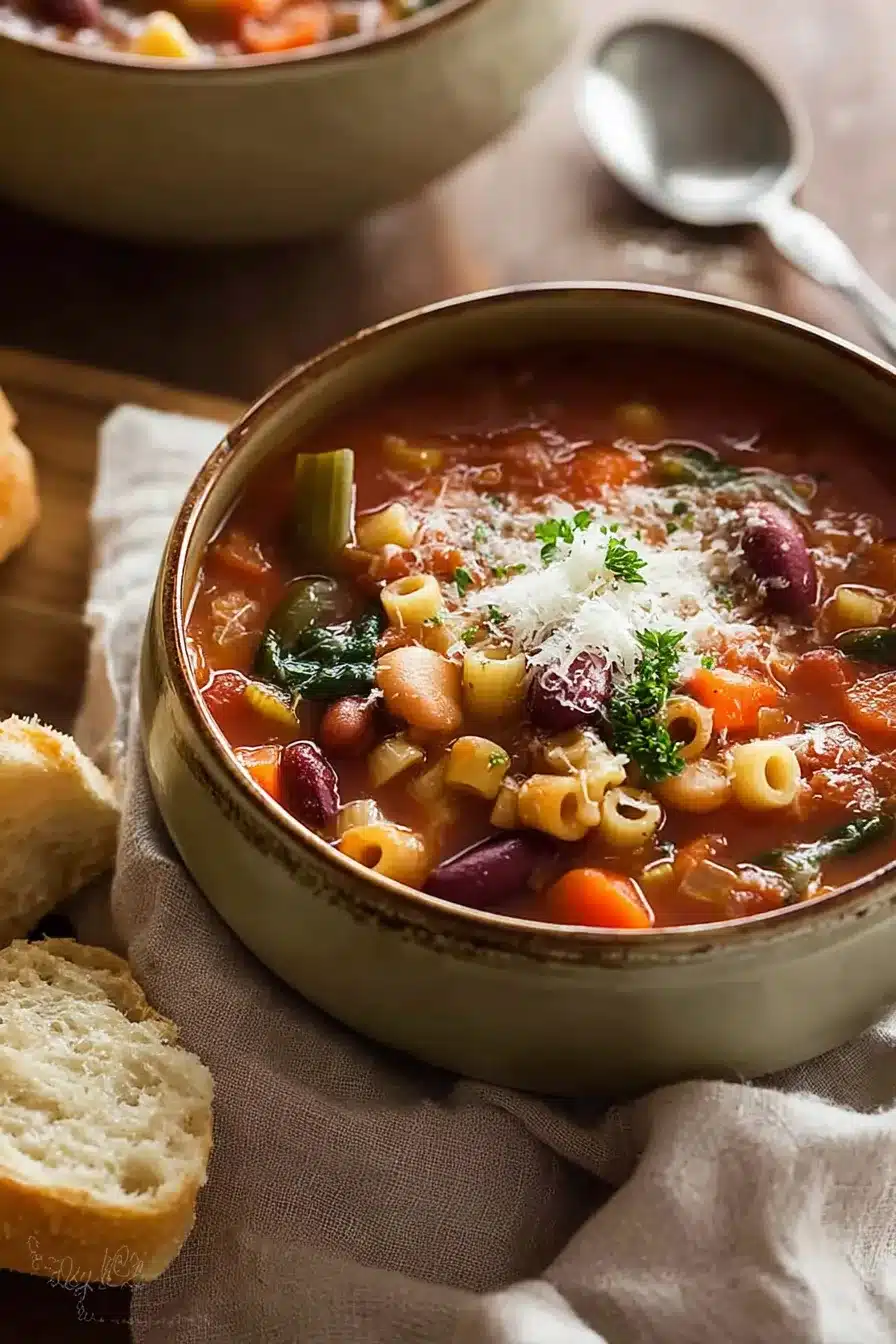 Bowl of minestrone soup with vegetables, pasta, parmesan, and bread