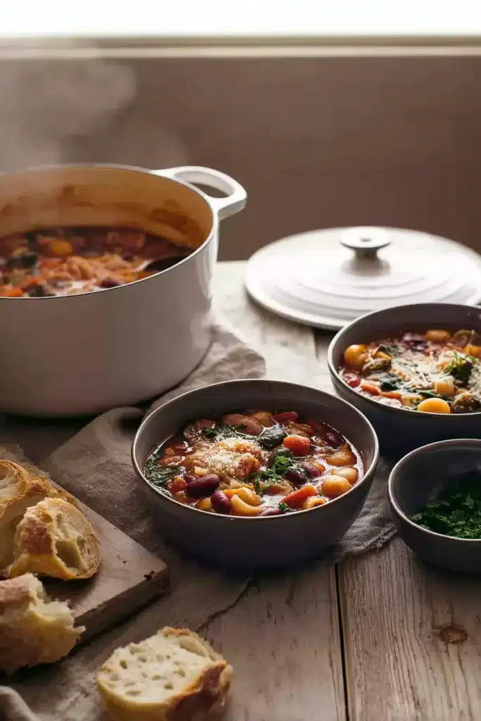 Minestrone Soup Recipe | Hearty, Easy & Comforting 8 Steaming bowls of minestrone soup with bread and Dutch oven on rustic table