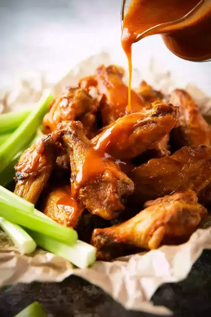 Baked Buffalo Wings – Ultimate Crispy Recipe You’ll Love 9 Buffalo sauce being poured over crispy baked chicken wings with celery